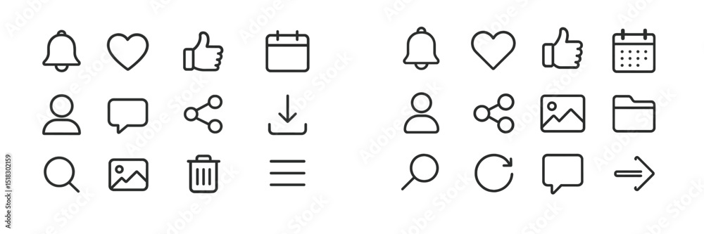 Poster Collection of minimalist icons representing various actions and notifications commonly used in digital interfaces