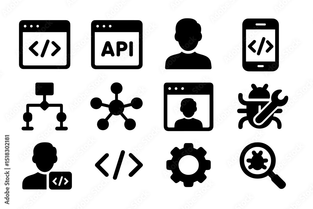 Fototapete icons representing programming concepts and software development activities in a minimalist style fo