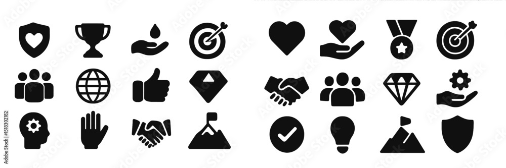 Poster Various black icons representing concepts of teamwork, achievement, and support arranged in a grid pattern