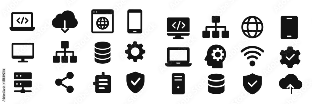 Poster collection of various technology icons including devices, networks, and data representations in a mi