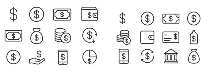 Various financial icons representing currency, transactions, and economic themes found in digital design