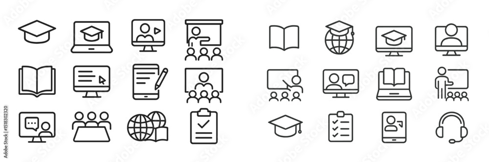 Poster Educational icons representing various learning methods and tools often used in digital classrooms and traditional settings