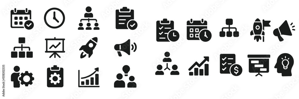 Fototapete Creative icons representing project management elements in a modern workspace setting