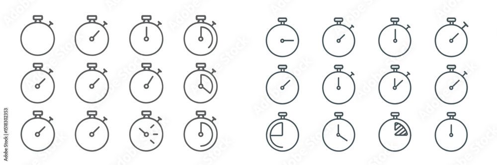 Poster various designs of stopwatches arranged in a grid showcasing different styles and times displayed