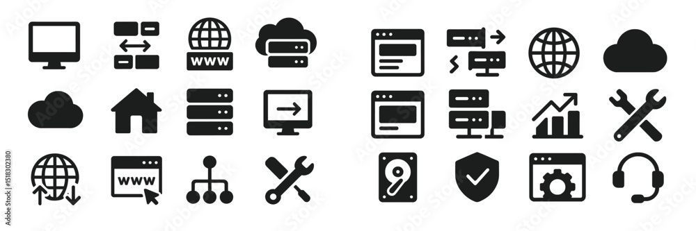 Leinwandbilder Collection of black icons representing various aspects of technology and internet services displayed on a white background