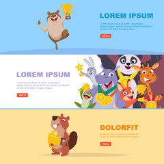 Animals winners. happy cartoon animals holding different competition awards