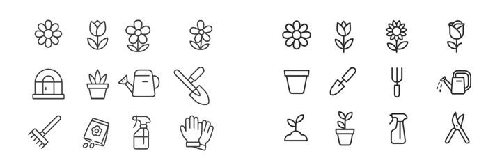 Fototapeta premium Gardening tools and plants illustrated in detailed line art for outdoor enthusiasts and hobbyists