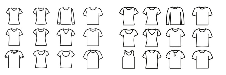 Collection of assorted shirt designs and styles displayed in a grid format for fashion and textile reference