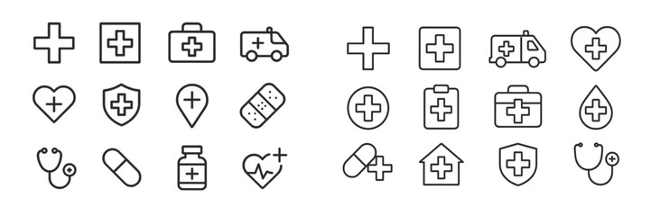 Obraz premium Health and medical symbols represented in clean line art style for digital or print use in design projects
