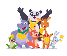 Animals winners. happy characters holding golden cup awards