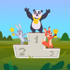Animals winners. happy characters with sport awarding cups standing on pedestals