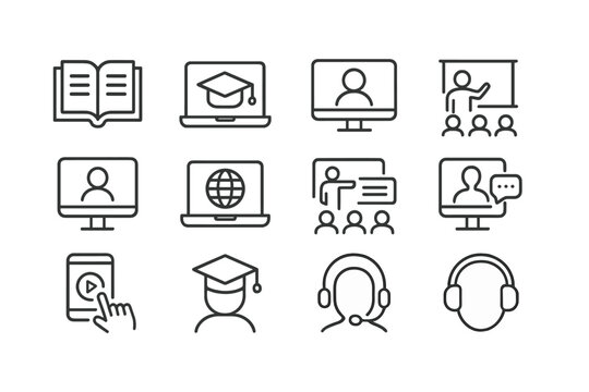 Digital learning tools for online education with icons depicting various aspects of virtual classrooms and study methods