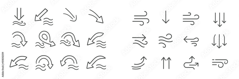 Poster Various arrow and wave symbols depicted in simple line art style, showcasing directions and movement concepts in a minimalist design