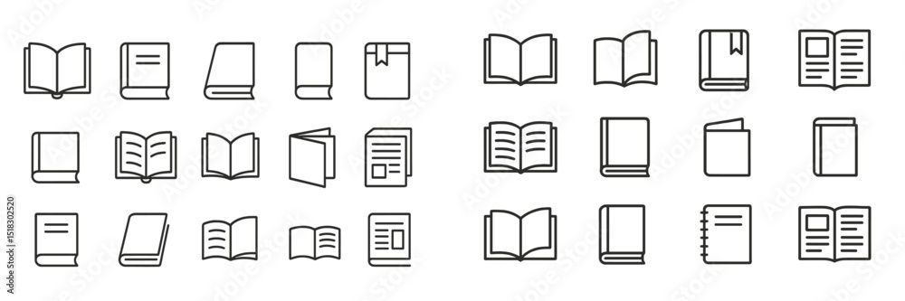 Poster Collection of various book icons representing different styles, sizes, and orientations of books in a minimalist design