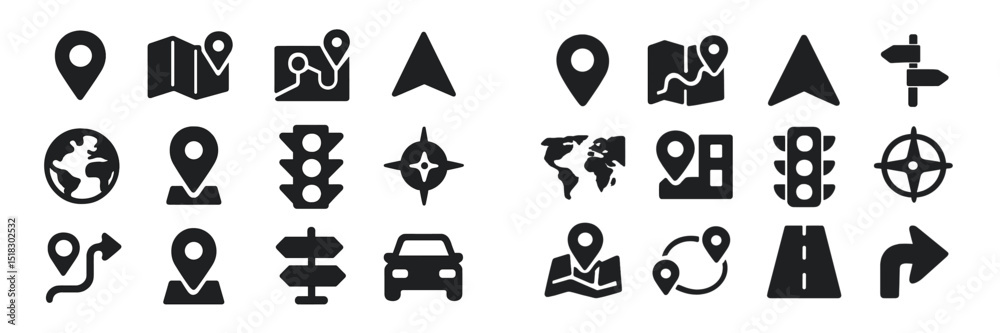 Poster icons representing navigation, maps, and geographic symbols for digital and print applications
