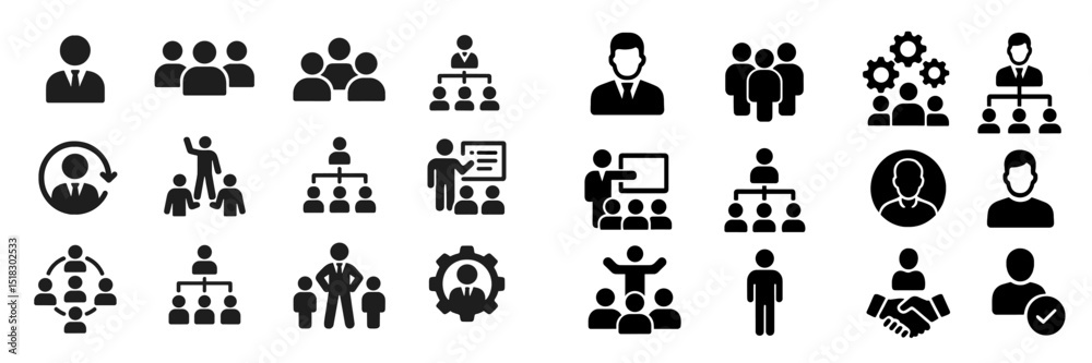 Poster Different types of business and teamwork icons showcasing collaboration and organization in various settings