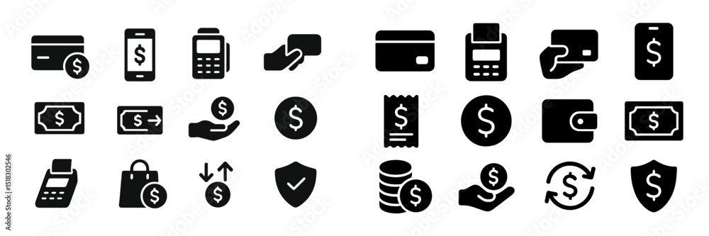 Poster various payment icons and symbols illustrating digital and traditional transaction methods