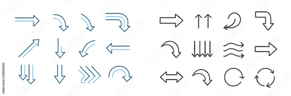 Poster various arrow designs in contrasting styles showcasing directional symbols for navigation and illust