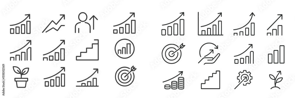 Poster illustration of growth concepts with arrows, graphs, and symbols representing progress and success i