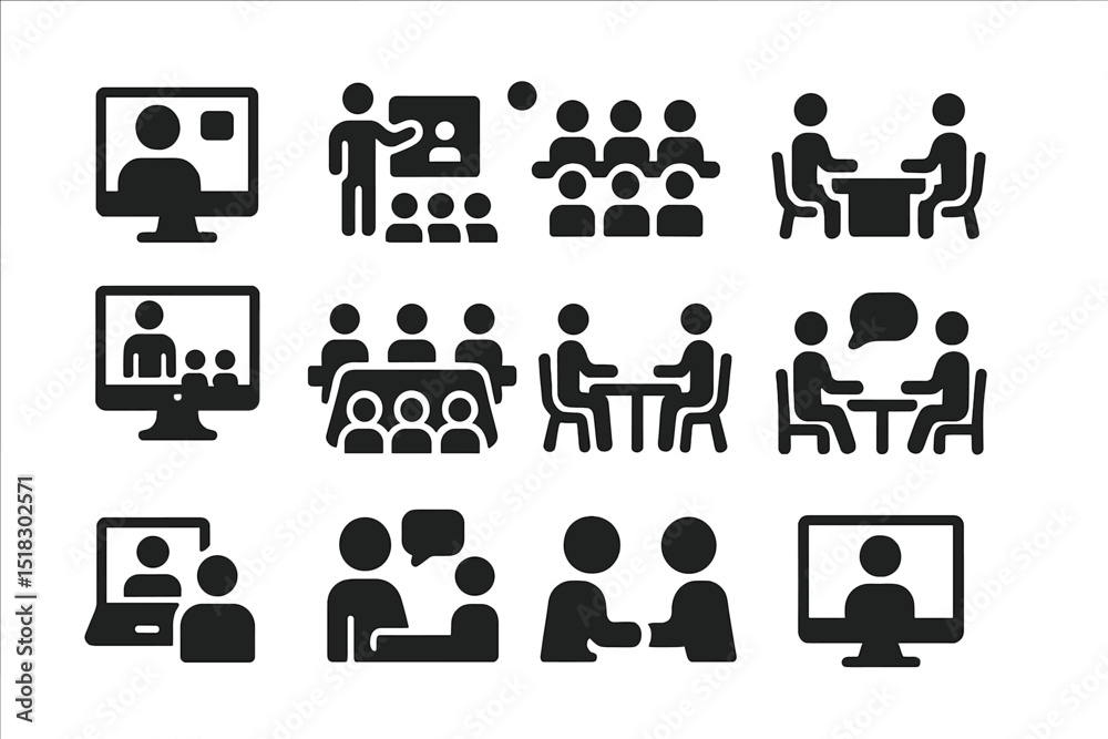 Poster various digital communication and collaboration icons representing remote meetings and teamwork acti