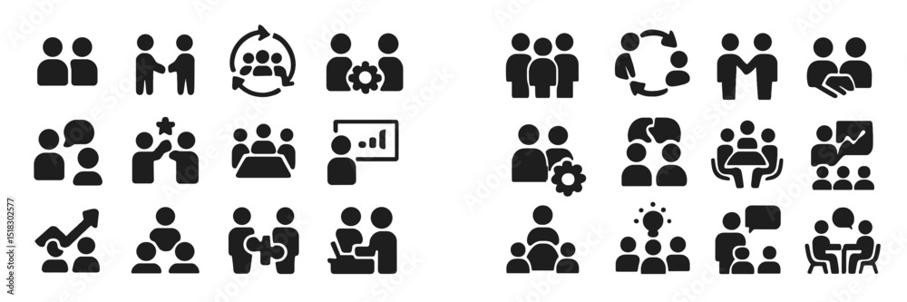 Poster diverse group activities and teamwork concepts represented through various icon designs