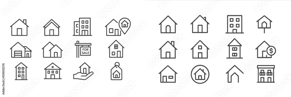 Aufkleber collection of house icons showcasing various styles and real estate elements in a minimalist design