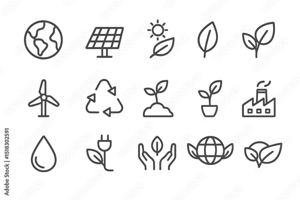 Poster collection of eco-friendly symbols representing sustainable practices and renewable energy solutions