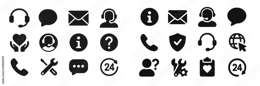 Poster communication icons representing various support channels and services for customer assistance in a 