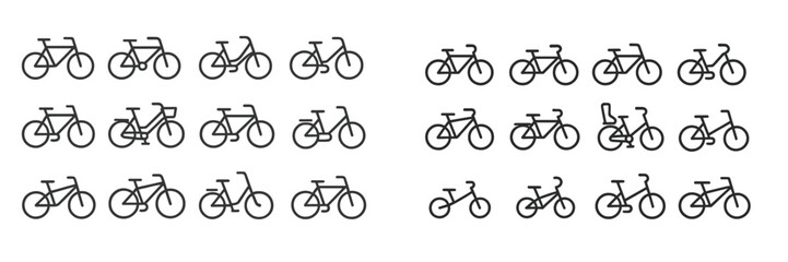 Collection of various bicycle designs arranged in rows showcasing different styles and features during daytime