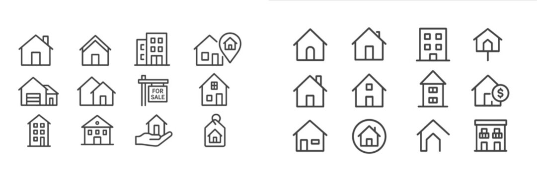 Collection of house icons showcasing various styles and real estate elements in a minimalist design - Powered by Adobe
