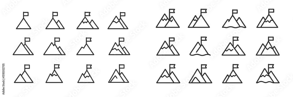 Poster Collection of outline icons depicting mountains with flags representing various landscapes in a minimalist design