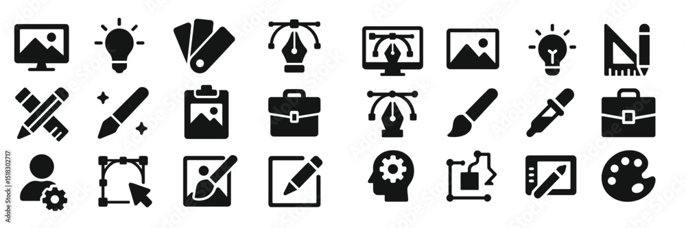 Poster creative design icons representing various tools and elements used in graphic design and digital art