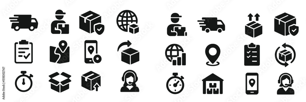 Poster delivery and logistics icons representing various shipping activities and processes in a minimalist 