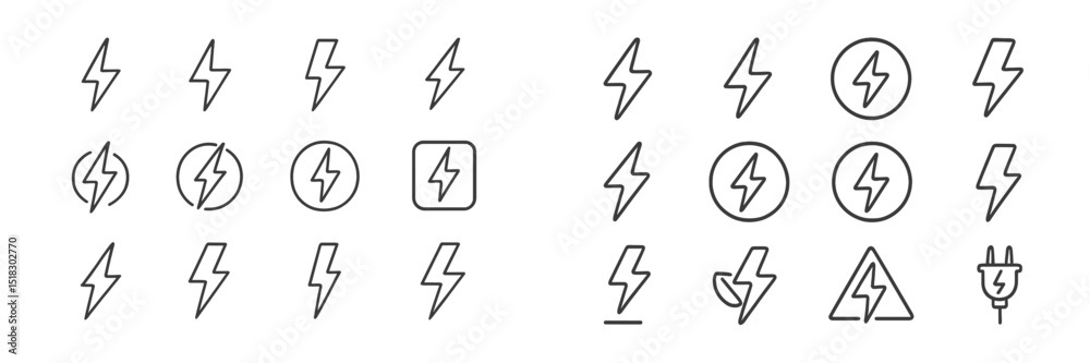 Poster collection of lightning bolt and electrical symbols in various styles arranged on a white background