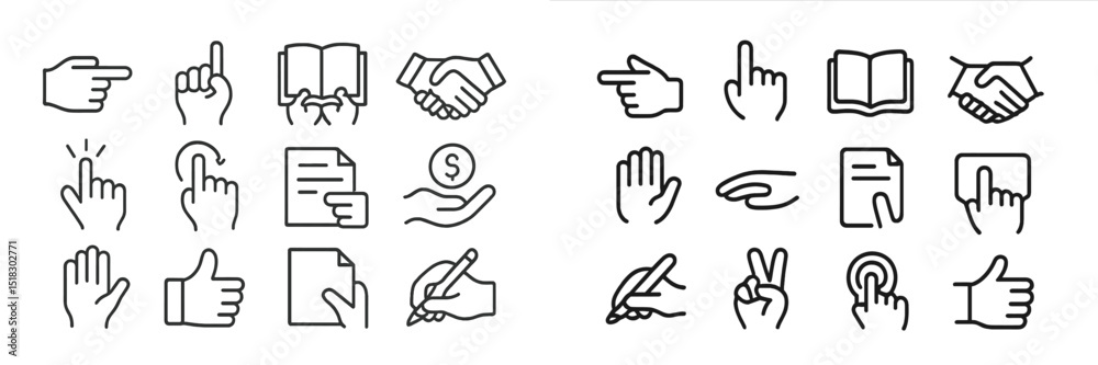 Poster various hand gestures and icons representing communication, interaction, and business activities in 