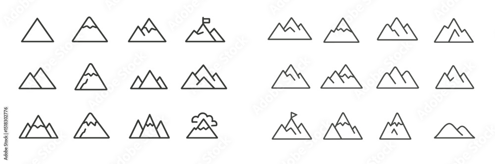 Aufkleber various mountain icon designs showcasing simple line art representations of different peak shapes ag