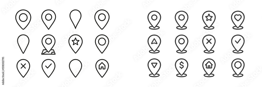 Fototapete Collection of diverse location markers displayed in a grid format, featuring various designs and symbols commonly used in mapping applications