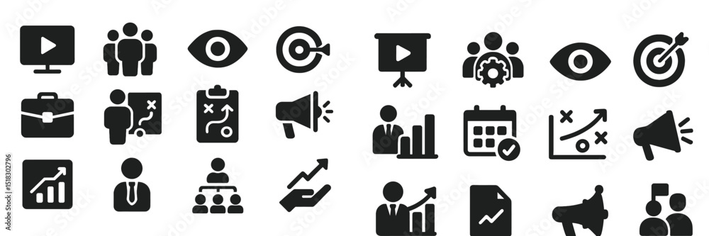 Poster Business strategy icons representing teamwork, analytics, and presentations in a modern digital context