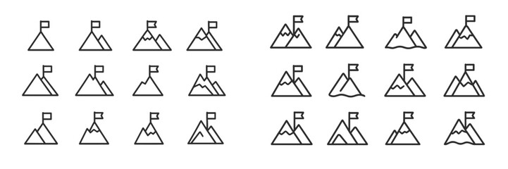Collection of outline icons depicting mountains with flags representing various landscapes in a minimalist design