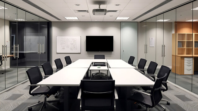 A convertible meeting nook with foldable tables modular seating blocks a ceiling-mounted projector and writable glass walls background elements include magnetic boards and organized storage units