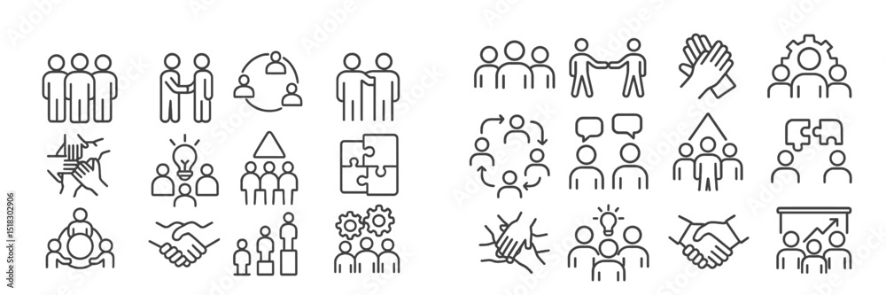 Poster collection of simple icons representing teamwork, collaboration, and communication in various profes