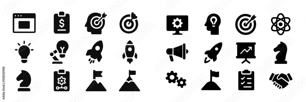 Poster icons representing business concepts, technology, and creativity displayed on a contrasting backgrou