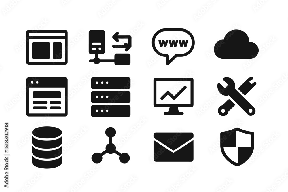Leinwandbilder collection of black icons representing various technology and internet concepts on a white backgroun