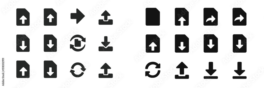 Poster collection of various file transfer and navigation icons displayed in black and white for digital in