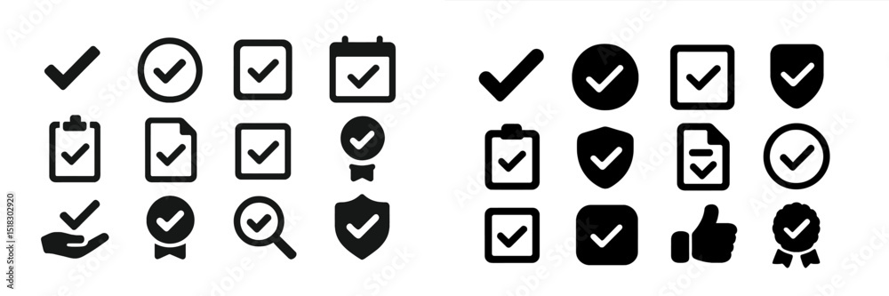 Poster icons representing checkmarks and tasks in black and white with various shapes and symbols for organ