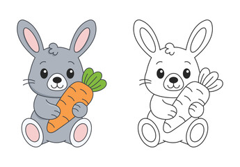 Child friendly bunny coloring page. A cute cartoon style bunny illustration for kids to color. Outlined with clean black lines, suitable for preschool and early learning materials, printable worksheet