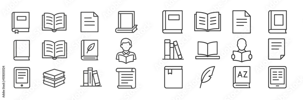 Poster Collection of various book and reading icons representing education and literacy themes in a simple line art style