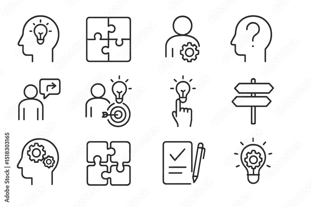 Poster Creative problem solving concepts illustrated through icons showcasing various cognitive processes and brainstorming methods