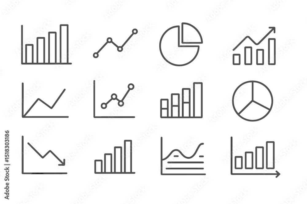 Poster collection of line graphs and charts representing data trends and statistics in a minimalistic style