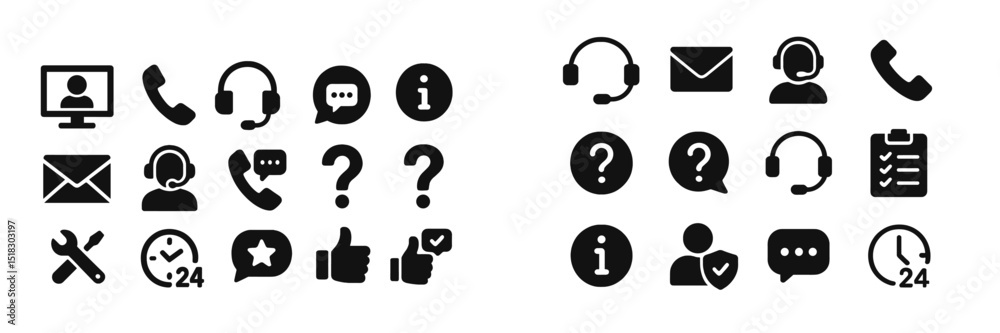 Poster Collection of customer support service icons depicting various communication methods and assistance options
